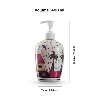 Multicolour Hut Painting Ceramic Bathroom Accessories Set of 3 with Liquid Soap Dispenser, Toothbrush Holder & Soap Dish