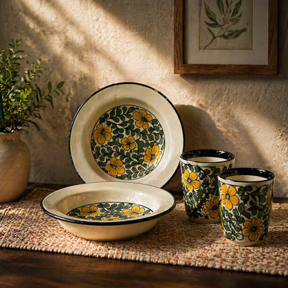 Golden Petal Dining Combo (Set of 4) – 2 Ceramic Deep Plates & 2 Glasses (280 ml) | Premium Tableware  | Ideal for Idli, Pasta, Noodles & Desserts