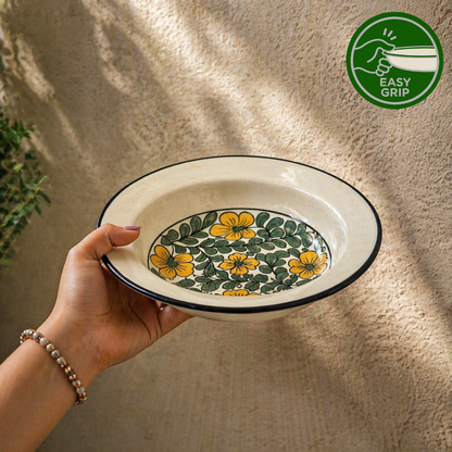 Golden Petal Dining Combo (Set of 4) – 2 Ceramic Deep Plates & 2 Glasses (280 ml) | Premium Tableware  | Ideal for Idli, Pasta, Noodles & Desserts