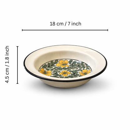 Golden Petal Dining Combo (Set of 4) – 2 Ceramic Deep Plates & 2 Glasses (280 ml) | Premium Tableware  | Ideal for Idli, Pasta, Noodles & Desserts