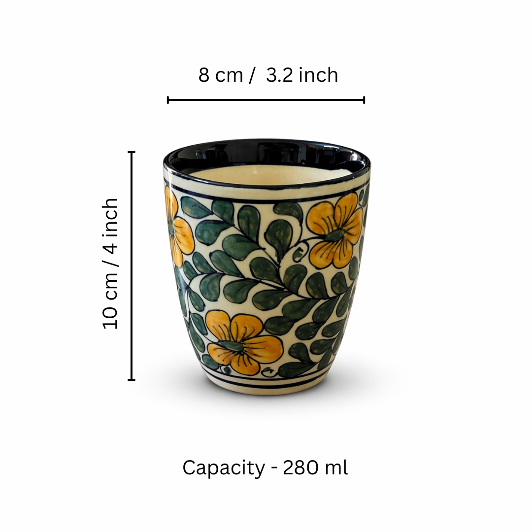 Golden Petal Dining Combo (Set of 4) – 2 Ceramic Deep Plates & 2 Glasses (280 ml) | Premium Tableware  | Ideal for Idli, Pasta, Noodles & Desserts
