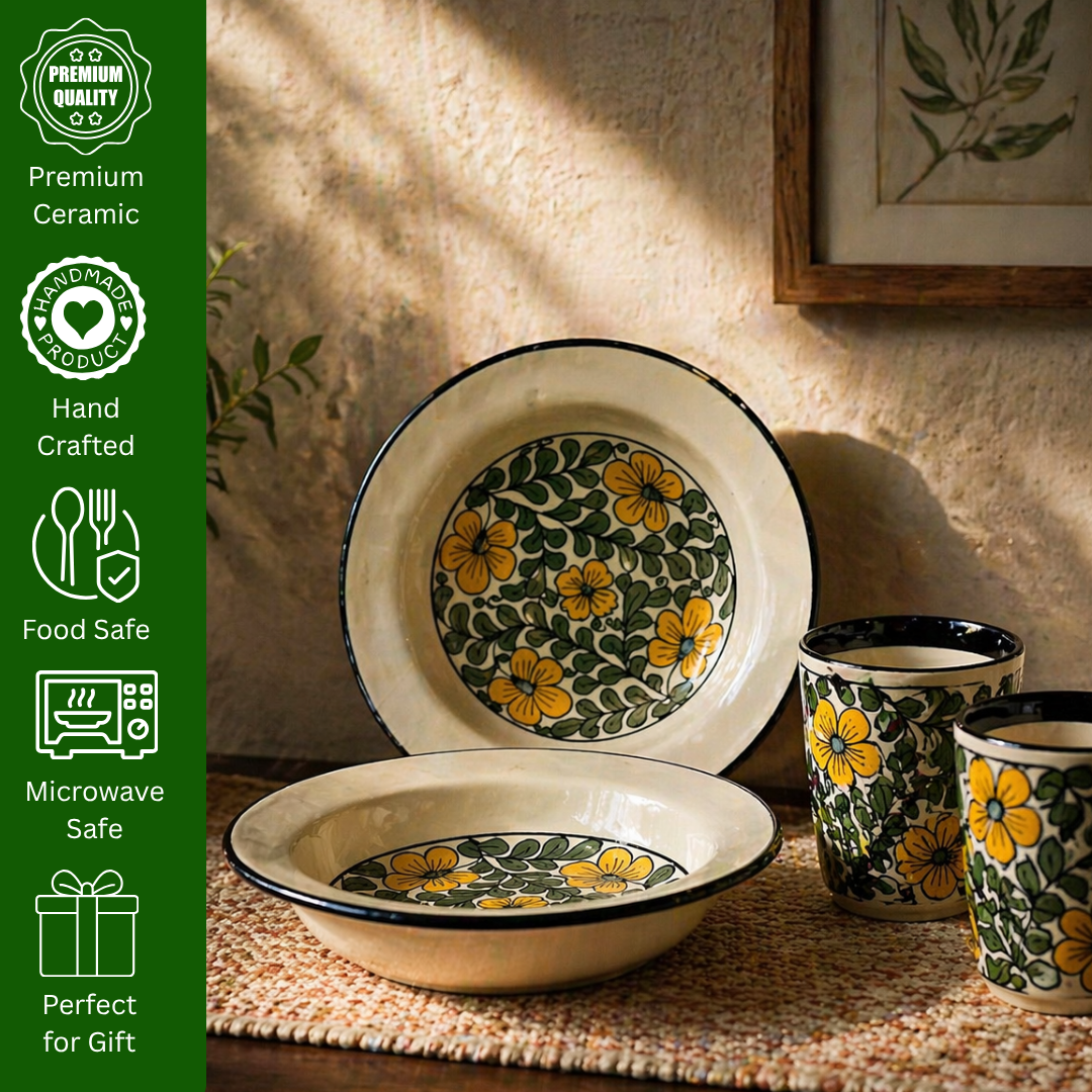Golden Petal Dining Combo (Set of 4) – 2 Ceramic Deep Plates & 2 Glasses (280 ml) | Premium Tableware  | Ideal for Idli, Pasta, Noodles & Desserts