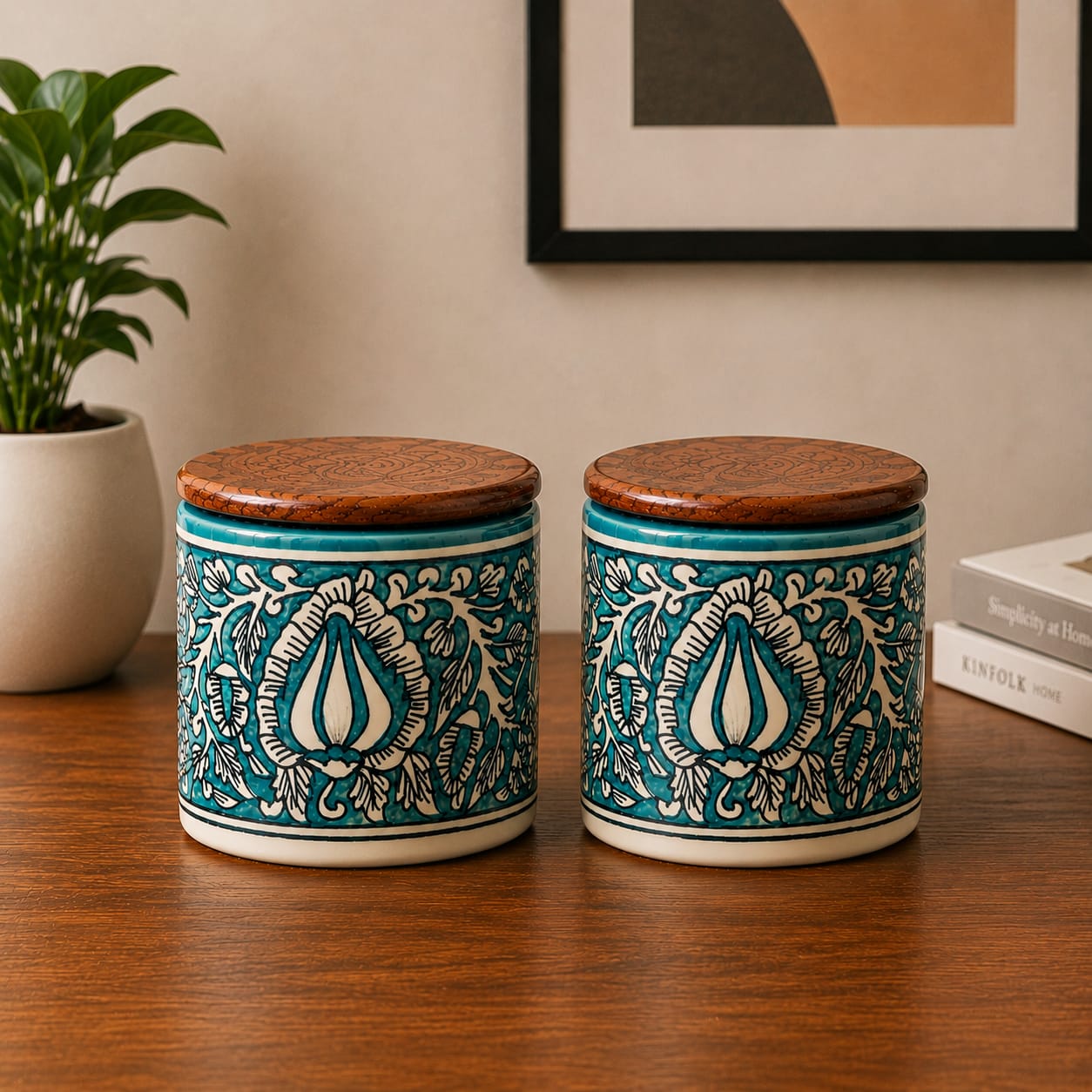 Royal Elegance Handcrafted Ceramic Jar Set of - 2 with Airtight Wooden Lid, 750 ml, Hand-Painted Storage Jar for Tea, Coffee, Sugar & Dry Fruits
