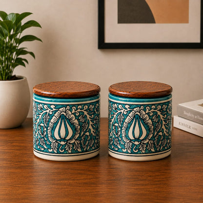 Royal Elegance Handcrafted Ceramic Jar Set of - 2 with Airtight Wooden Lid, 750 ml, Hand-Painted Storage Jar for Tea, Coffee, Sugar & Dry Fruits
