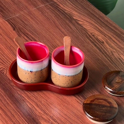Sunrise Glaze Ceramic Jar Set of 2, 220 ml Each, with Airtight Wooden Lids, 2 Wooden Spoons & Ceramic Bottom Tray | Handcrafted Food Storage Containers for Tea, Coffee, Sugar, Spices & Dry Fruits