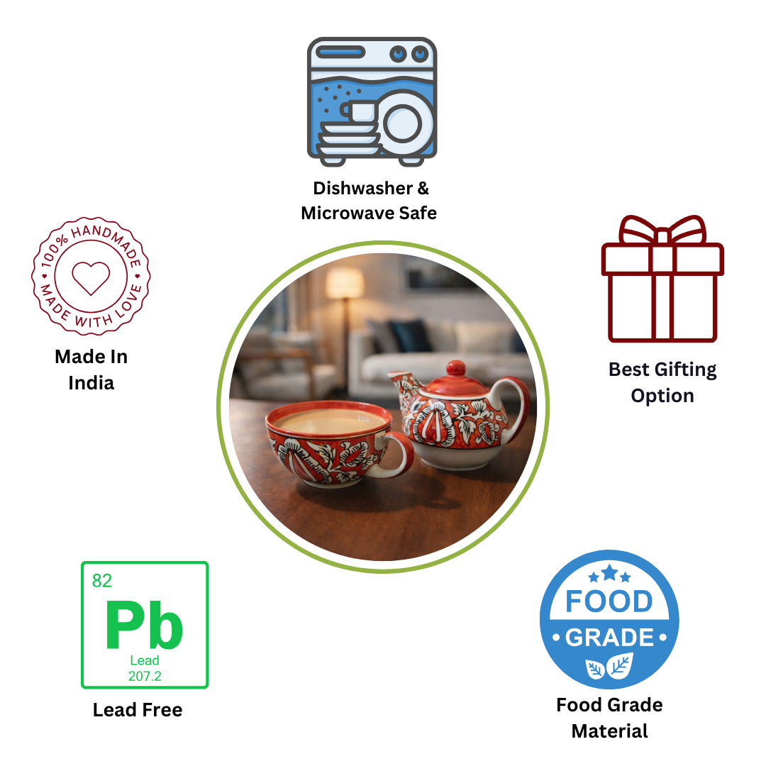 Morning Raga Hand-Painted Ceramic One Cup Kettle Tea Set – Tea for One (350ml Kettle + 200ml Cup)