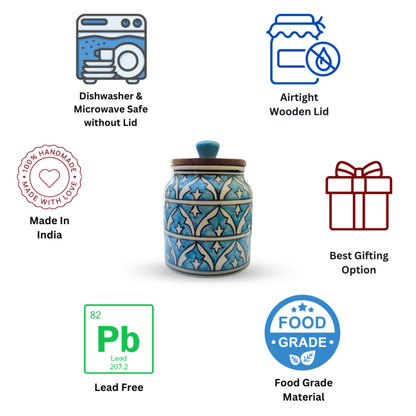 Turquoise Treasure” Air Tight Ceramic Jars with Wooden Lid For Storing Tea/ Sugar/ Pickle/ Jam etc. – Set Of 2