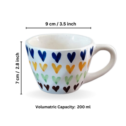 Ceramic Hand Painted Heart Print Coffee Mug, Milk Mug, Tea Cup, Soup Cup (200 ml) – Set of 4