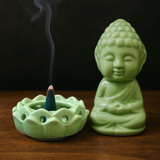 Green Lotus Buddha Ceramic Dhoop Diffuser – Set of 2