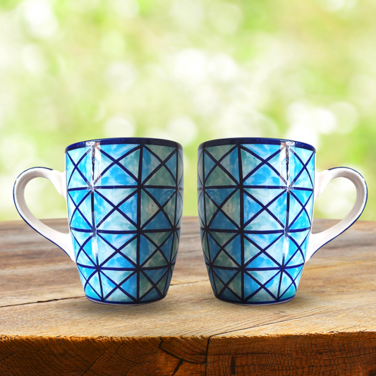 Criss Cross Coffee Mug | Tea Mug | Milk Mug (300 ml, Blue) – Set of 2