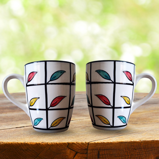 Coffee Mug | Tea Mug | Milk Mug Leaf Painting (300 ml, Multicolor) – Set of 2