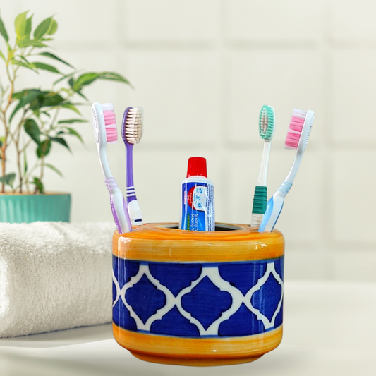 Hand Painted Ceramic Toothbrush Holder (Mughal Painting Blue & Yellow), Toothpaste Holder for Bathroom Sink