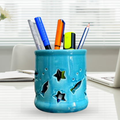 Multipurpose Ceramic Pen Holder | Office Desk Organizer | Tooth Brush Holder Turquoise Blue – Set Of 2