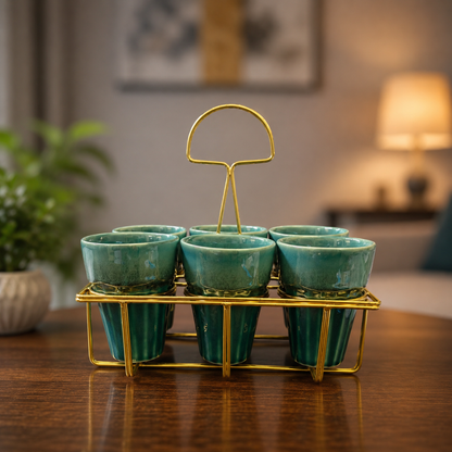 Regal Sip Ceramic Tea Glass Set of 6 (150 ml Each) with Premium Metal Stand | Chai Glasses Set