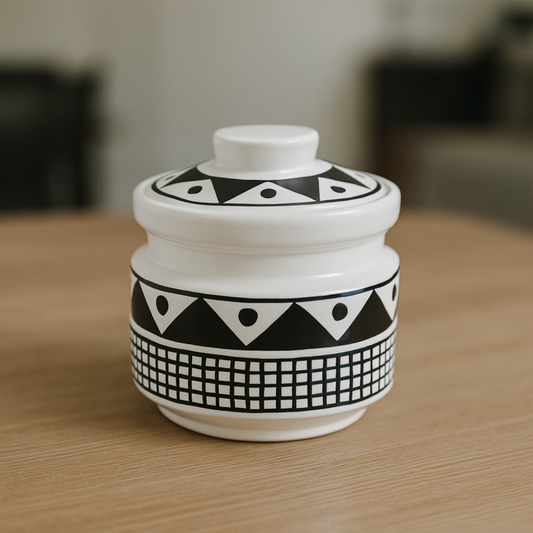 Ceramic Monochrome Charm Jar ( 600 ml capacity ) for storing Spices, Sugar, Dry fruits, Pickle, Cookies or knick-knacks.