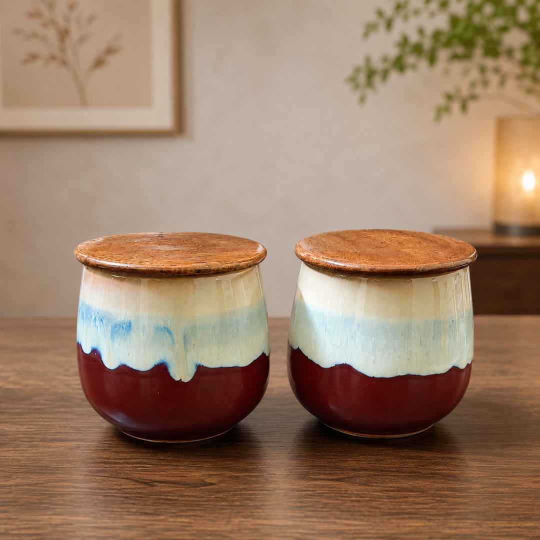 Rustic Harmony Airtight Ceramic Storage Jar Set of 2 with Wooden Lids & Silicone Seal | 300 ml Each | Food-Grade Kitchen Storage Containers for Tea, Coffee, Sugar, Dry Fruits, Spices & Mouth Freshener