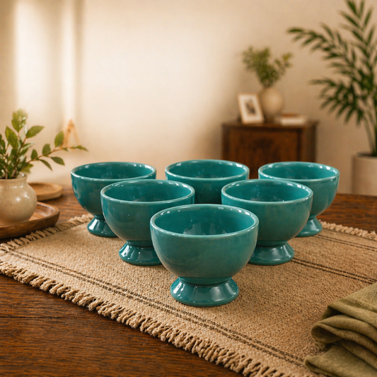 Ocean Glow Ceramic Dessert Cups Set of 6 | Premium Gloss Finish Ice Cream Bowls | Ideal for Ice Cream, Pudding, Kheer & Desserts