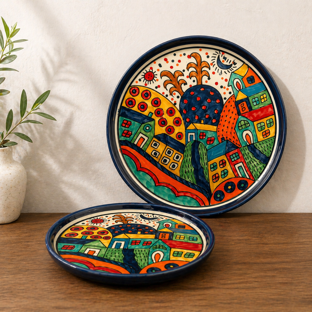 Boho Village Hand-painted Ceramic Platter Set (Set of 2) | 1 Dinner Plate + 1 Quarter Plate | Multi-Colour Folk Art Design | Serving Platters for Snacks, Starters & Meals