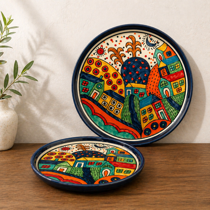 Boho Village Hand-painted Ceramic Platter Set (Set of 2) | 1 Dinner Plate + 1 Quarter Plate | Multi-Colour Folk Art Design | Serving Platters for Snacks, Starters & Meals
