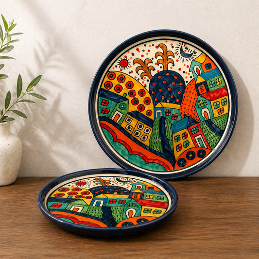 Boho Village Hand-painted Ceramic Platter Set (Set of 2) | 1 Dinner Plate + 1 Quarter Plate | Multi-Colour Folk Art Design | Serving Platters for Snacks, Starters & Meals