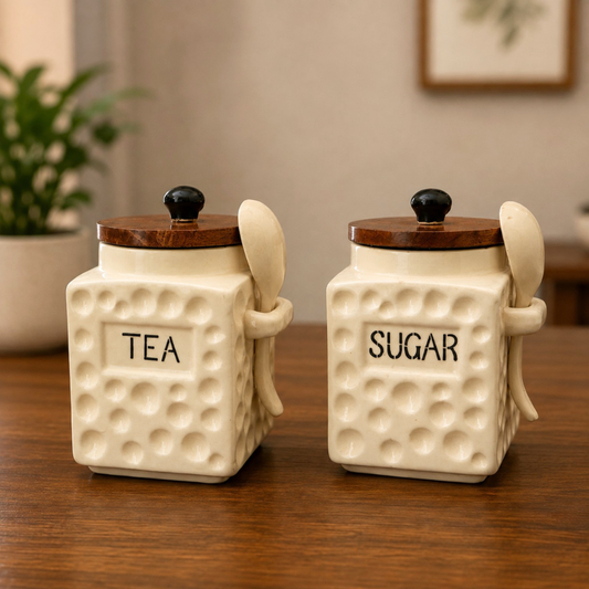 Ceramic Tea & Sugar Jar Set of 2 | 600 ml Each | Wooden Lids with Silicone Seal | Ceramic Spoons & Side Slots