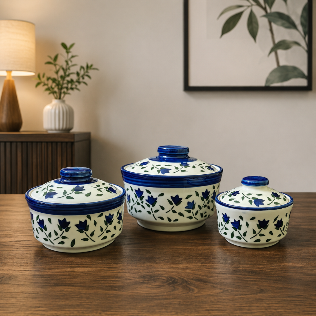 Royal Bloom Ceramic Donga Set of 3 with Lids | 850 ml, 550 ml & 300 ml | Serving Casserole for Biryani, Rice, Dal, Curry & Sweet | Microwave & Dishwasher Safe