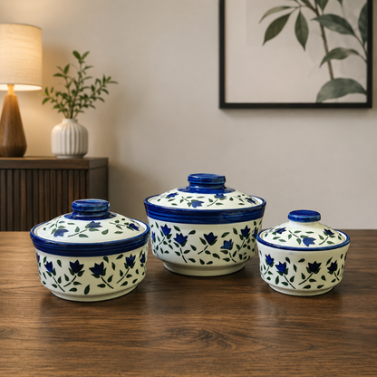 Royal Bloom Ceramic Donga Set of 3 with Lids | 850 ml, 550 ml & 300 ml | Serving Casserole for Biryani, Rice, Dal, Curry & Sweet | Microwave & Dishwasher Safe