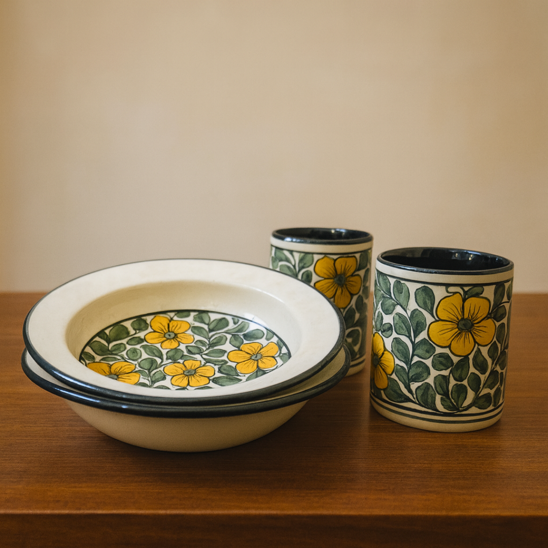 Yellow Blossom Handcrafted Ceramic Plate & Glass Set ( 2 Deep Plates + 2 Tumbler ) Premium Dining & Gifting