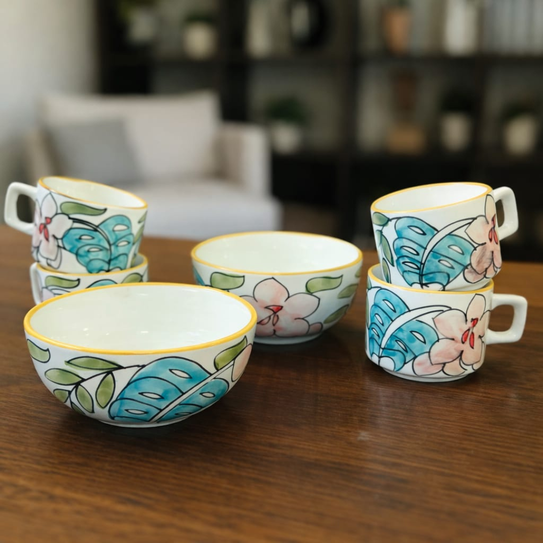 Coastal Flora Hand–Painted Ceramic Breakfast Set - 2 bowls + 4 cups