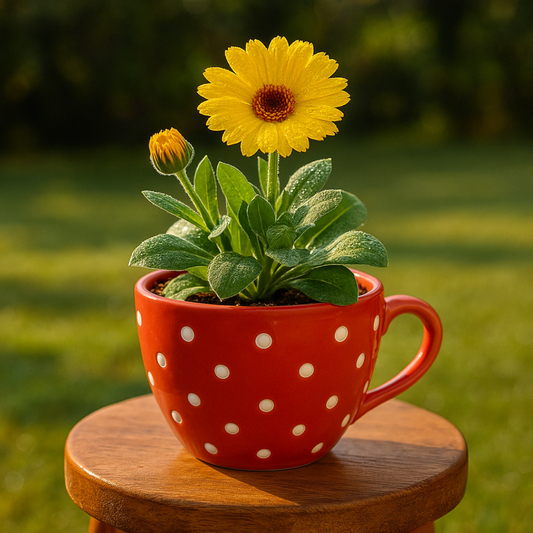 Daisy Delight Ceramic Cup Planter- Red ” for Cactus, Succulents, Indoor & Outdoor Plants.