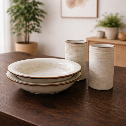 Cocoa Elegance Dining Combo (Set of 4) - 2 Ceramic Deep Plates & 2 Glasses (250 ml) | Premium Brown Rim Finish | Ideal for Idli, Pasta, Noodles & Desserts | Microwave & Dishwasher Safe