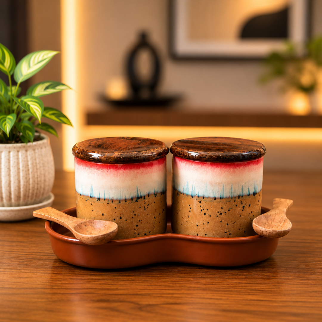 Sunrise Glaze Ceramic Jar Set of 2, 220 ml Each, with Airtight Wooden Lids, 2 Wooden Spoons & Ceramic Bottom Tray | Handcrafted Food Storage Containers for Tea, Coffee, Sugar, Spices & Dry Fruits