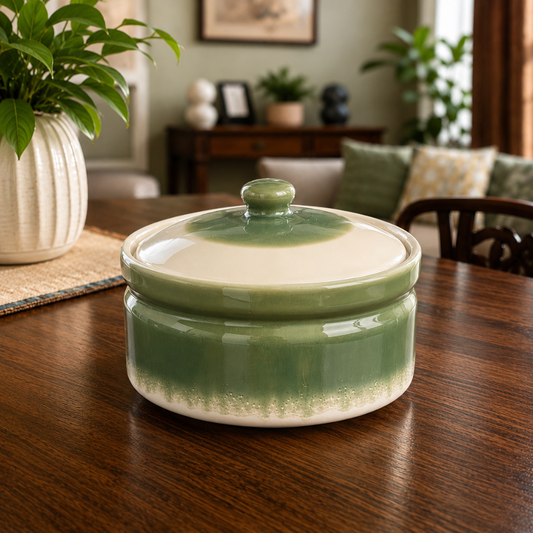Olive Crest Handcrafted Ceramic Casserole with Lid, 1200 ml | Premium Food Grade Ceramic | Microwave & Dishwasher Safe | Ideal for Rice, Biryani, Dal, Curry, Pasta & Desserts