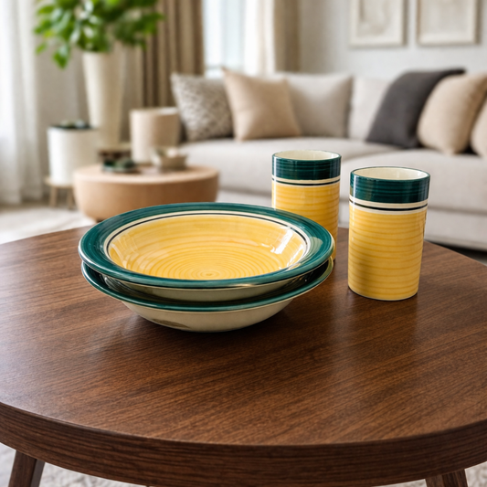 Sunflower Grove Dining Combo (Set of 4) – 2 Ceramic Deep Plates & 2 Glasses (250 ml) | Yellow & Green Premium Tableware  | Ideal for Idli, Pasta, Noodles & Desserts | Microwave & Dishwasher Safe