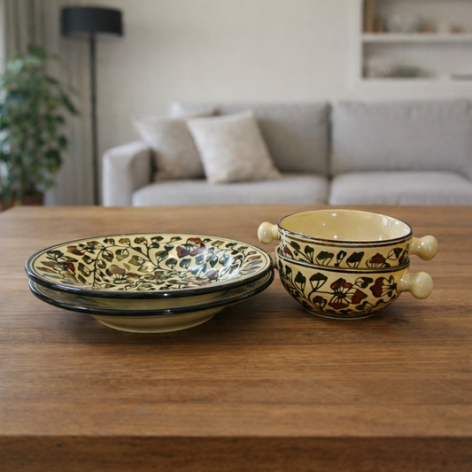 Garden Vine Handcrafted Ceramic Deep Plate & Bowl Combo ( 2 Deep Plates + 2 Bowls ) Premium Dining & Gifting