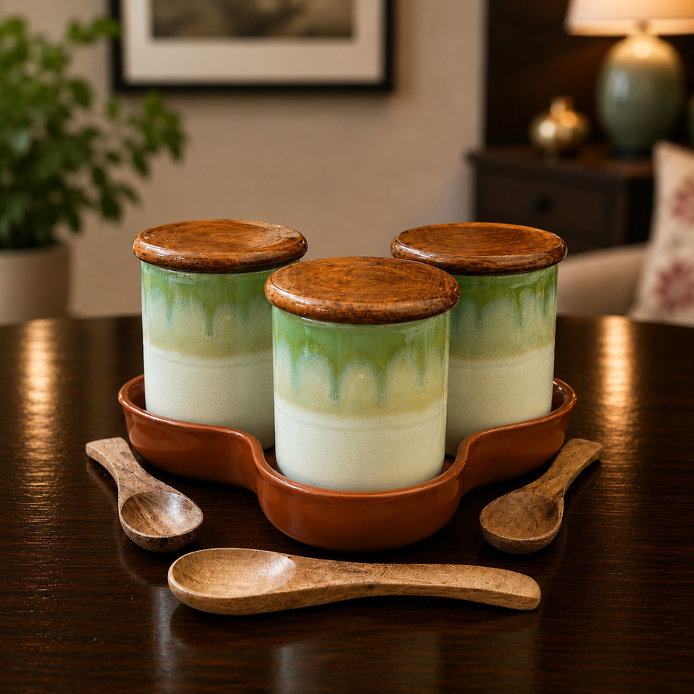 Woodland Trio Ceramic Jar Set of 3, 220 ml Each, with Airtight Wooden Lids, 3 Wooden Spoons & Ceramic Bottom Tray | Handcrafted Food Storage Containers for Tea, Coffee, Sugar, Spices & Dry Fruits
