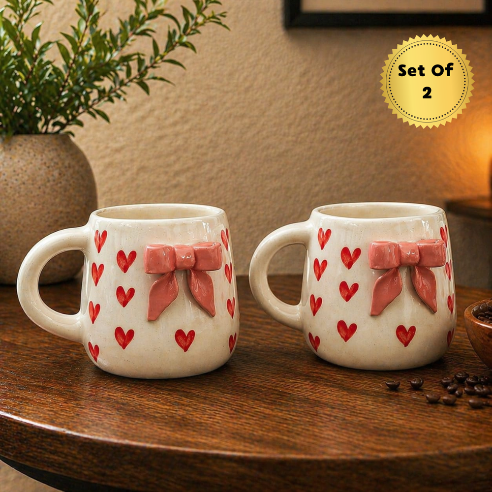 Sweet Heart Bow Ceramic Mug Set of 2, (Red Heart Design, 350 ml) - Premium Coffee. Tea  & Milk Mugs with 3D Bow, Microwave & Dishwasher Safe, Perfect Gift for any occasion & Daily Use