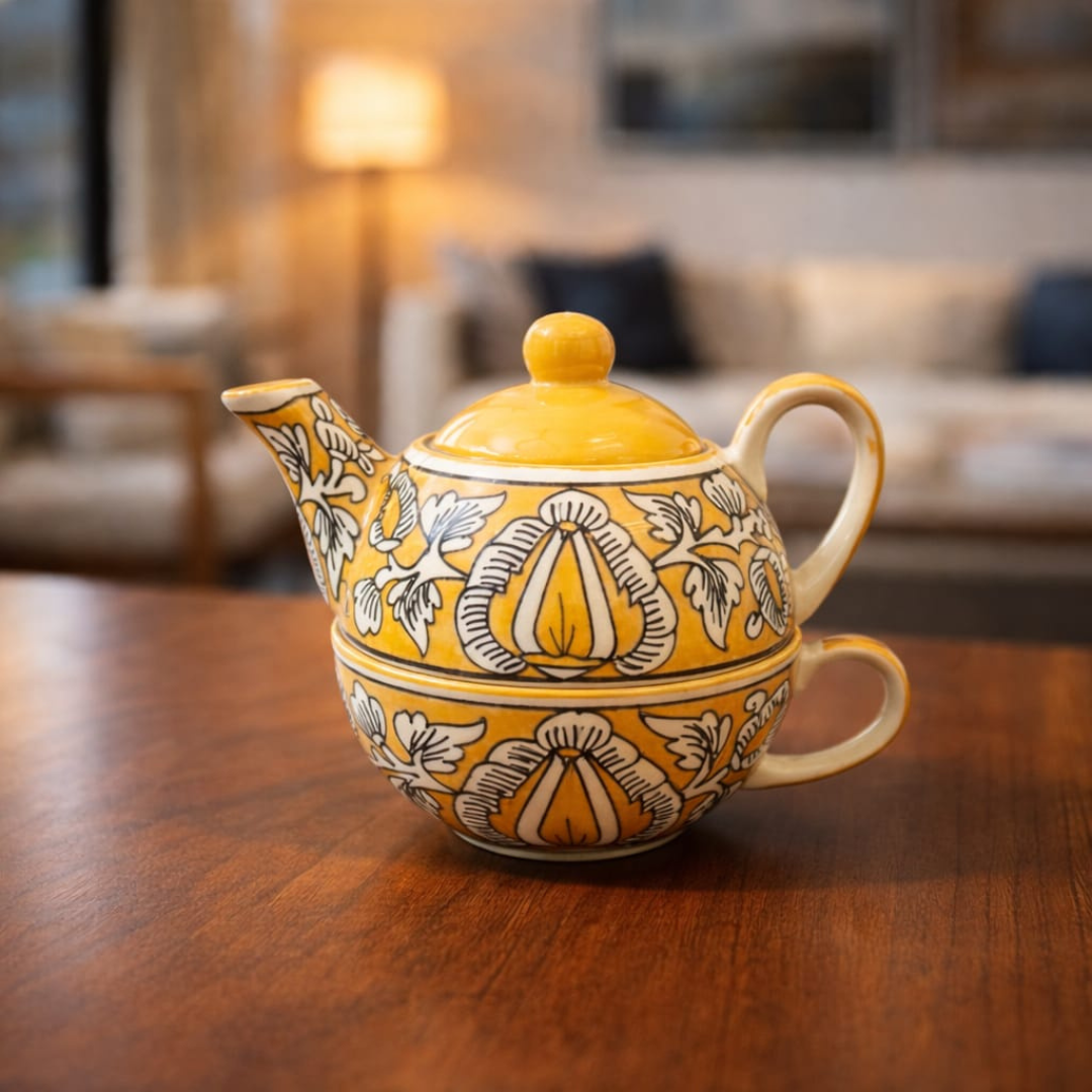 Morning Raga Hand-Painted Ceramic One Cup Kettle Tea Set – Tea for One (350ml Kettle + 200ml Cup)