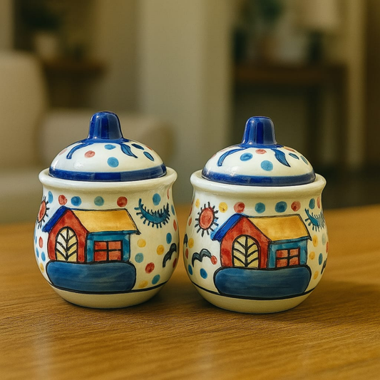 Sunny Village Ceramic Jar set of 2 ( 350 ml each ) for storing Spices, Sugar, Dry fruits, Pickle, Jam or knick-knacks.