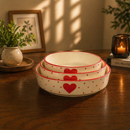 Heart Bliss Hand-painted Ceramic Serving Platter Set of 3 | Premium Salad, Starter & Curry Serving Dishes
