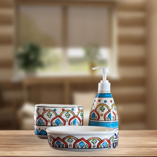 Multicolour Mihrab Painting. Ceramic Bathroom Accessories Set of 3 with Liquid Soap Dispenser, Toothbrush Holder & Soap Dish
