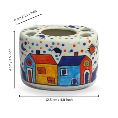 Ceramic Multi Colour Toothbrush Holder (Hut Painting), Toothpaste Holder for Bathroom Sink