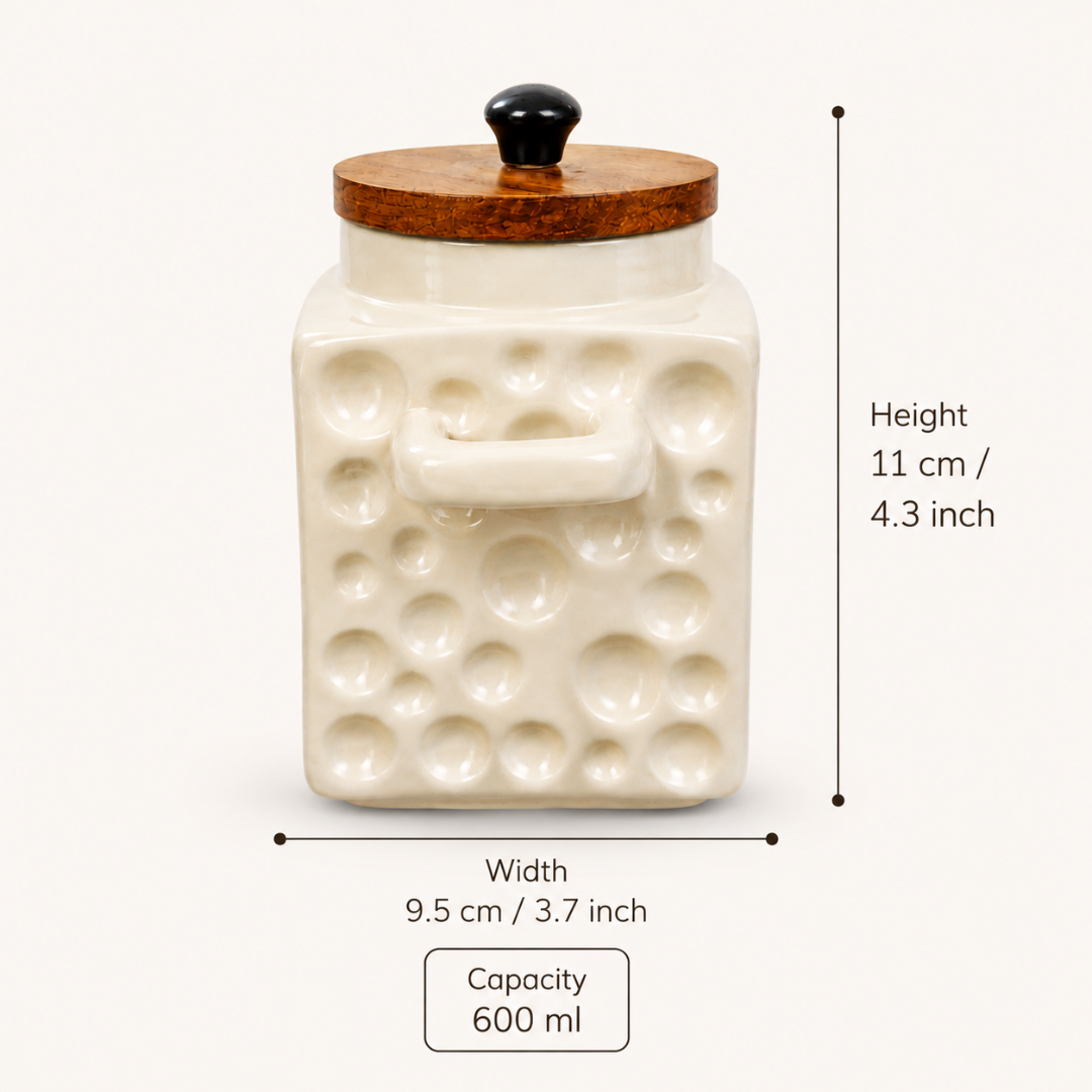Ceramic Tea & Sugar Jar Set of 2 | 600 ml Each | Wooden Lids with Silicone Seal | Ceramic Spoons & Side Slots