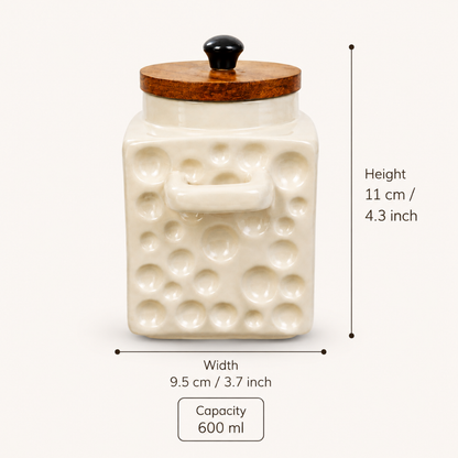 Ceramic Tea & Sugar Jar Set of 2 | 600 ml Each | Wooden Lids with Silicone Seal | Ceramic Spoons & Side Slots