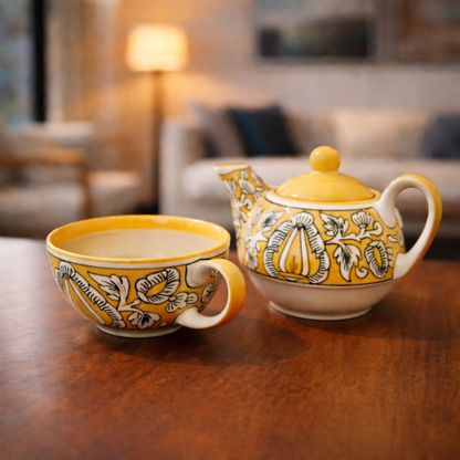 Morning Raga Hand-Painted Ceramic One Cup Kettle Tea Set – Tea for One (350ml Kettle + 200ml Cup)