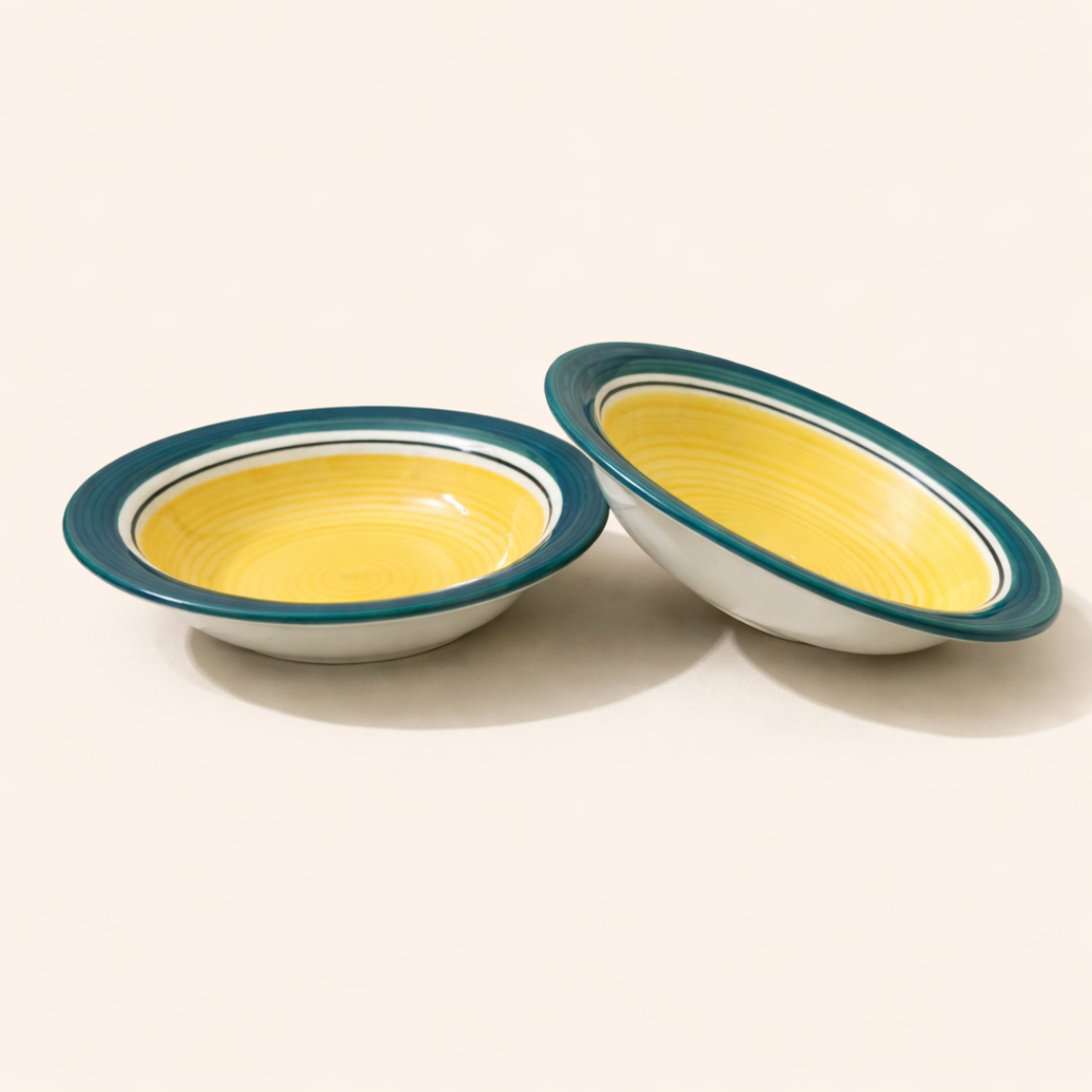 Sunflower Grove Dining Combo (Set of 4) – 2 Ceramic Deep Plates & 2 Glasses (250 ml) | Yellow & Green Premium Tableware  | Ideal for Idli, Pasta, Noodles & Desserts | Microwave & Dishwasher Safe