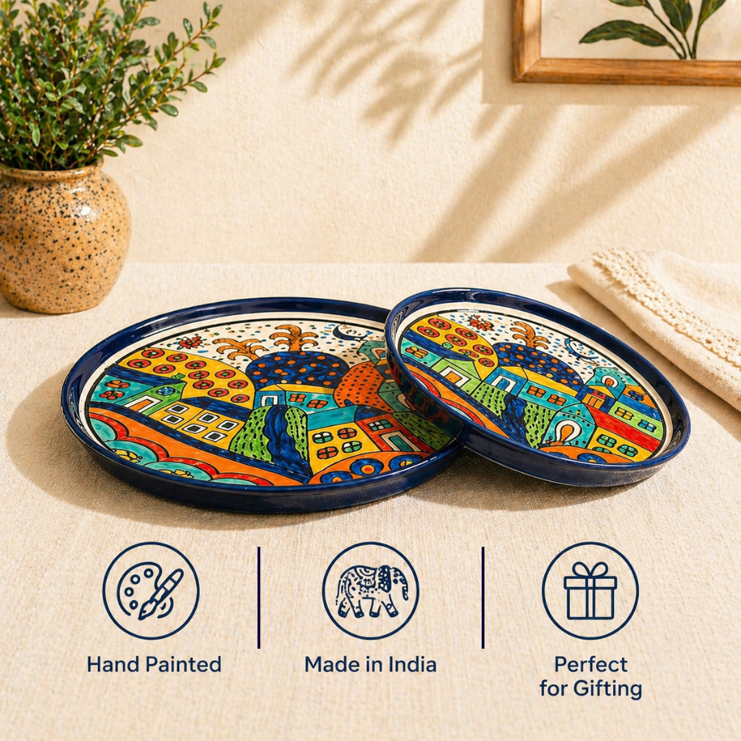 Boho Village Hand-painted Ceramic Platter Set (Set of 2) | 1 Dinner Plate + 1 Quarter Plate | Multi-Colour Folk Art Design | Serving Platters for Snacks, Starters & Meals