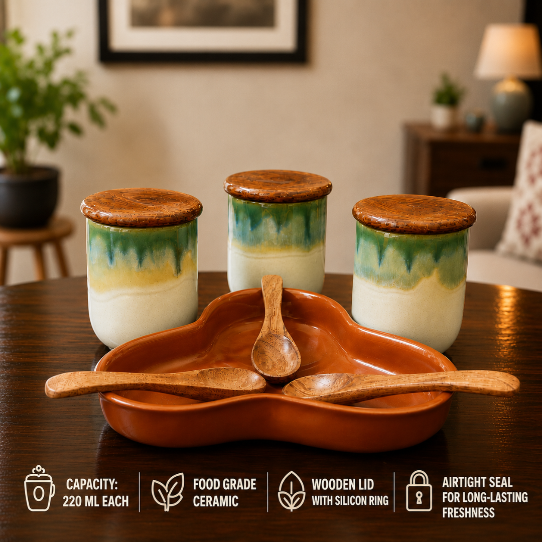 Woodland Trio Ceramic Jar Set of 3, 220 ml Each, with Airtight Wooden Lids, 3 Wooden Spoons & Ceramic Bottom Tray | Handcrafted Food Storage Containers for Tea, Coffee, Sugar, Spices & Dry Fruits