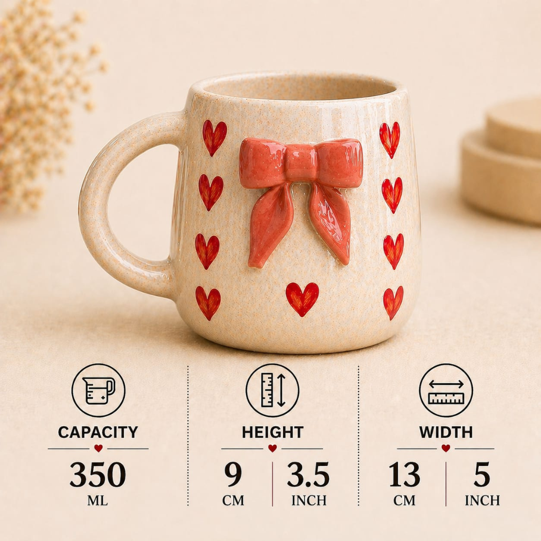 Sweet Heart Bow Ceramic Mug Set of 2, (Red Heart Design, 350 ml) - Premium Coffee. Tea  & Milk Mugs with 3D Bow, Microwave & Dishwasher Safe, Perfect Gift for any occasion & Daily Use