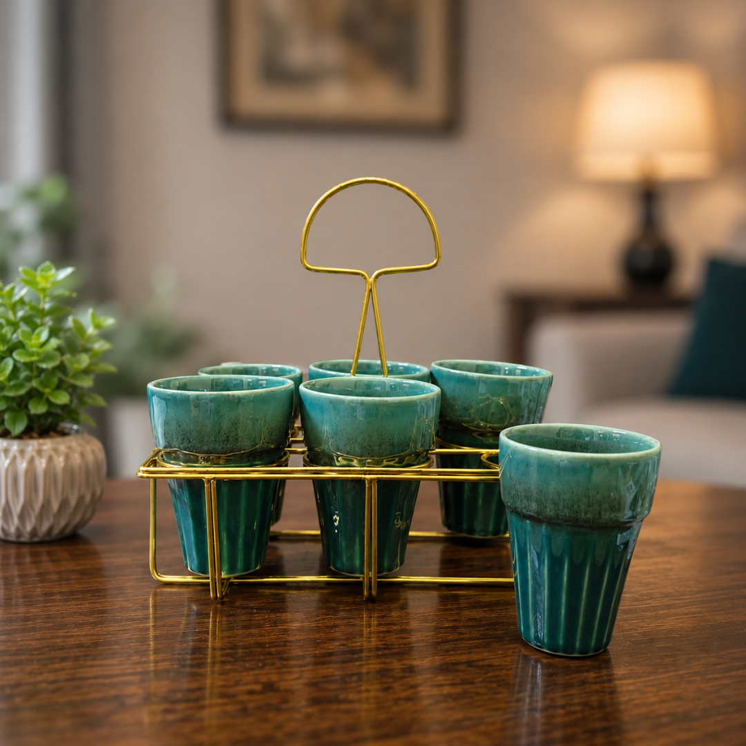 Regal Sip Ceramic Tea Glass Set of 6 (150 ml Each) with Premium Metal Stand | Chai Glasses Set